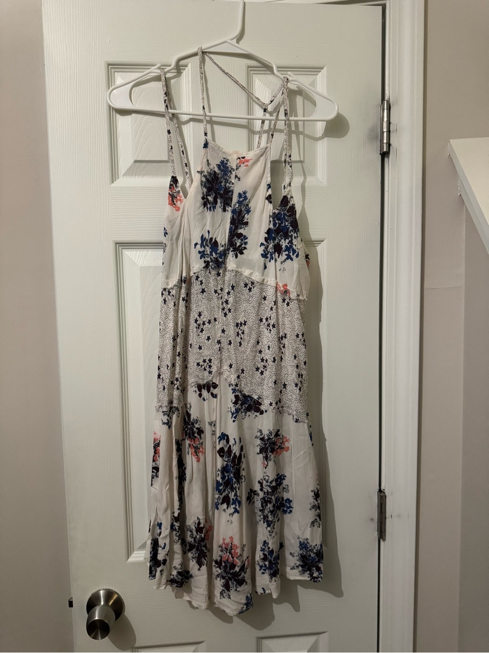 Free People White Midi Sundress with Blue and Pink Floral Print